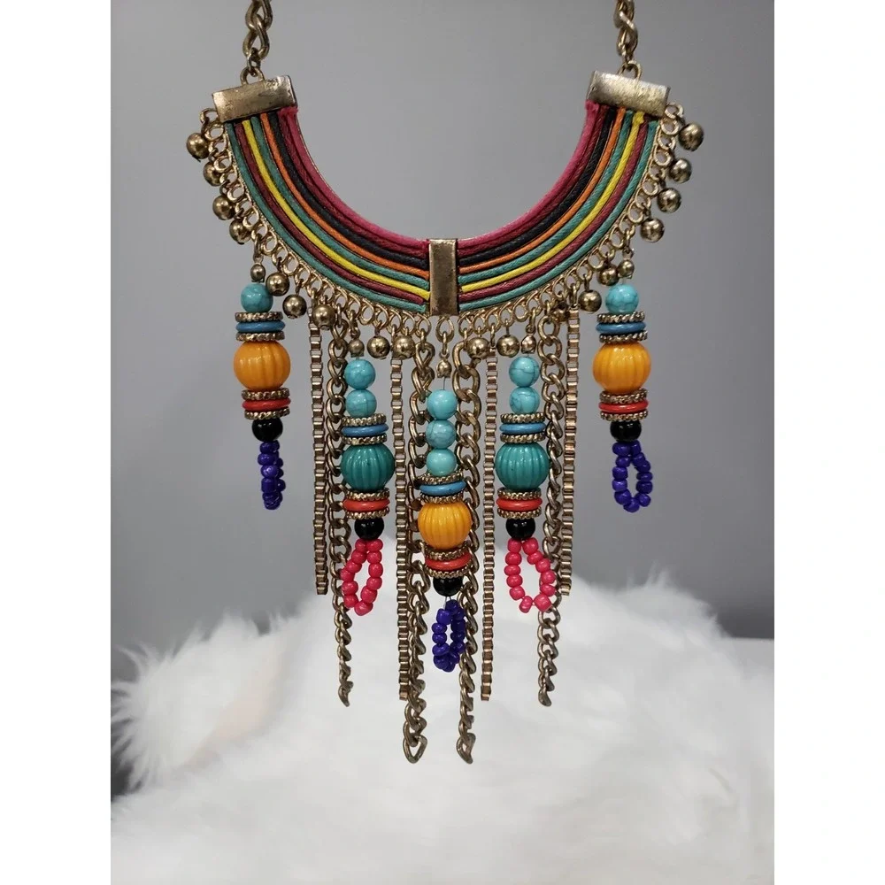 TRIBAL FASHION NECKLACE BIB STATEMENT RAINBOW CRESCENT MOON HIPPIE NECKLACE BOHO